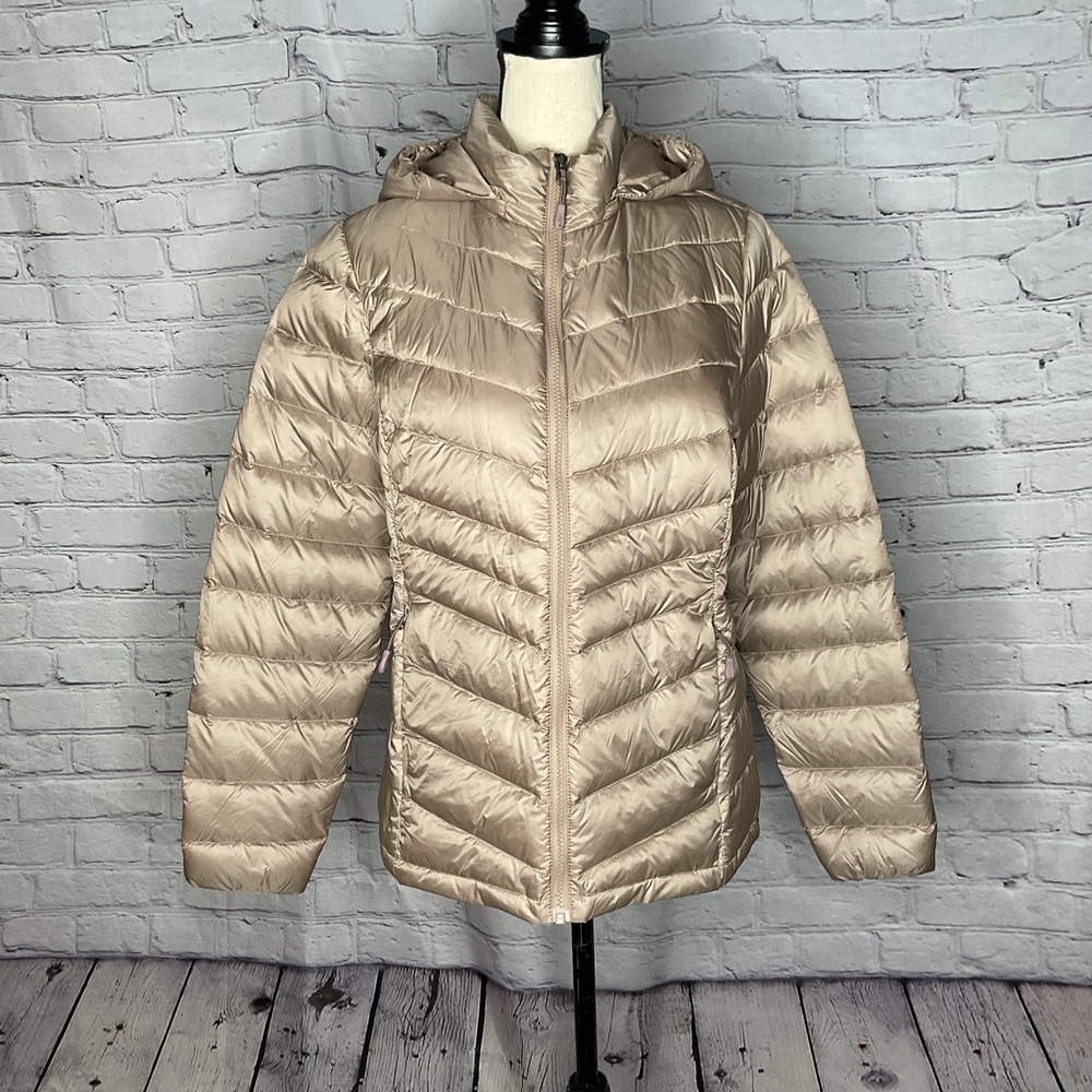 32 Degrees Heat Tan Lightweight Hooded Puffer Zip Front Jacket Small